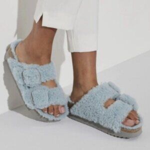 NWT Birkenstock Papillio Arizona Big Buckle Shearling Platform Sandal Aqua 38